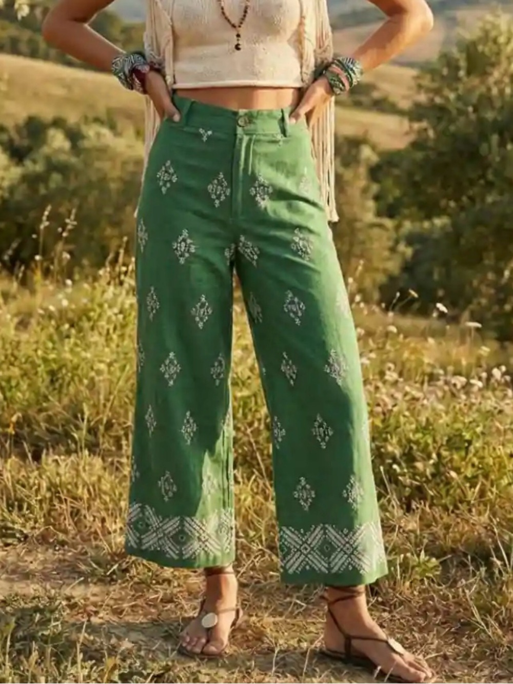 Haute Hippie Green Linen Blend Embroidered Wide Leg Pants | Size 2 | Like New! - Picture 2 of 11